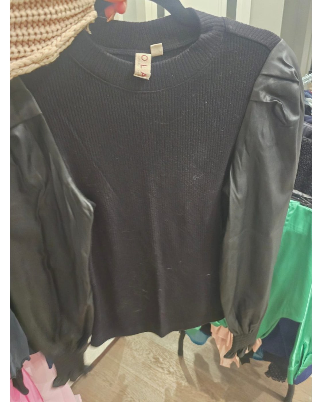 DOLAN Faux-Leather Puff-Sleeve Knit Top