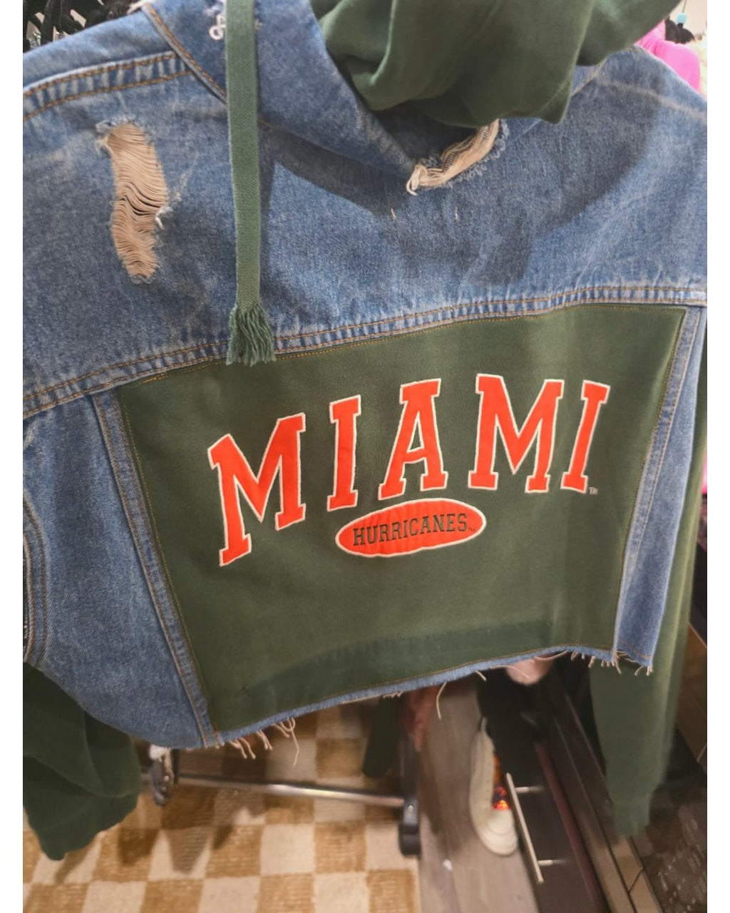 Furst of a Kind Reworked Miami Hurricanes Denim Hoodie Jacket