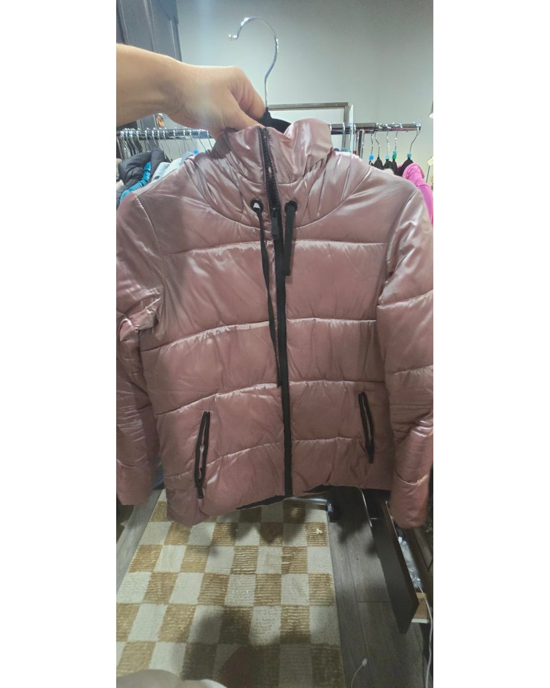 Sam Edelman Shiny Hooded Puffer Jacket in Dusty Pink (Style #E22452F / RN#38843)