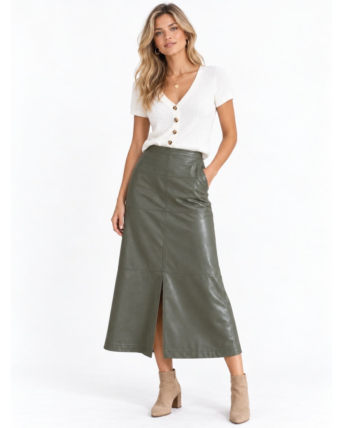 Cabi Kick It  Faux Leather Paneled A-Line Skirt - Style# 4765