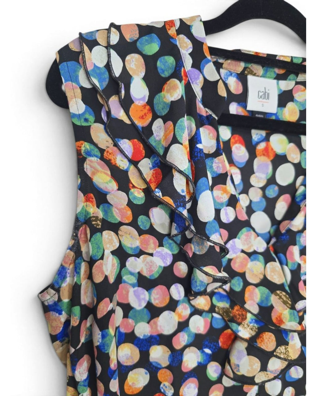 Cabi Ruffle Neck Dot Print Sleeveless Blouse - Style# 4255