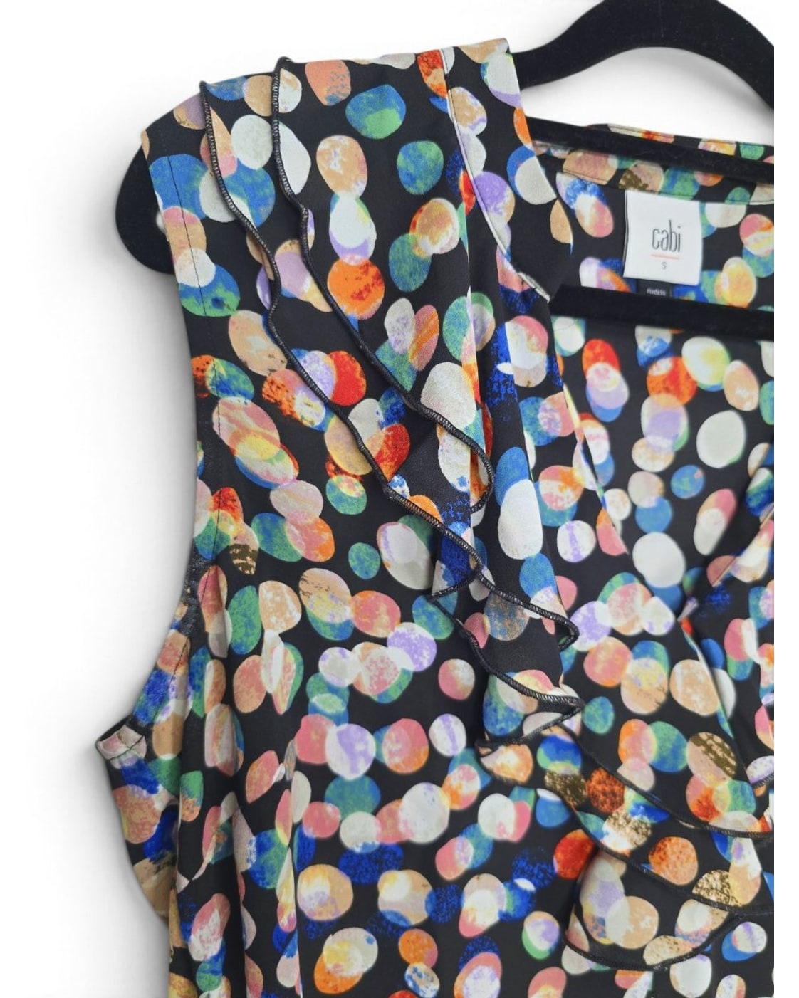 Cabi Ruffle Neck Dot Print Sleeveless Blouse - Style# 4255