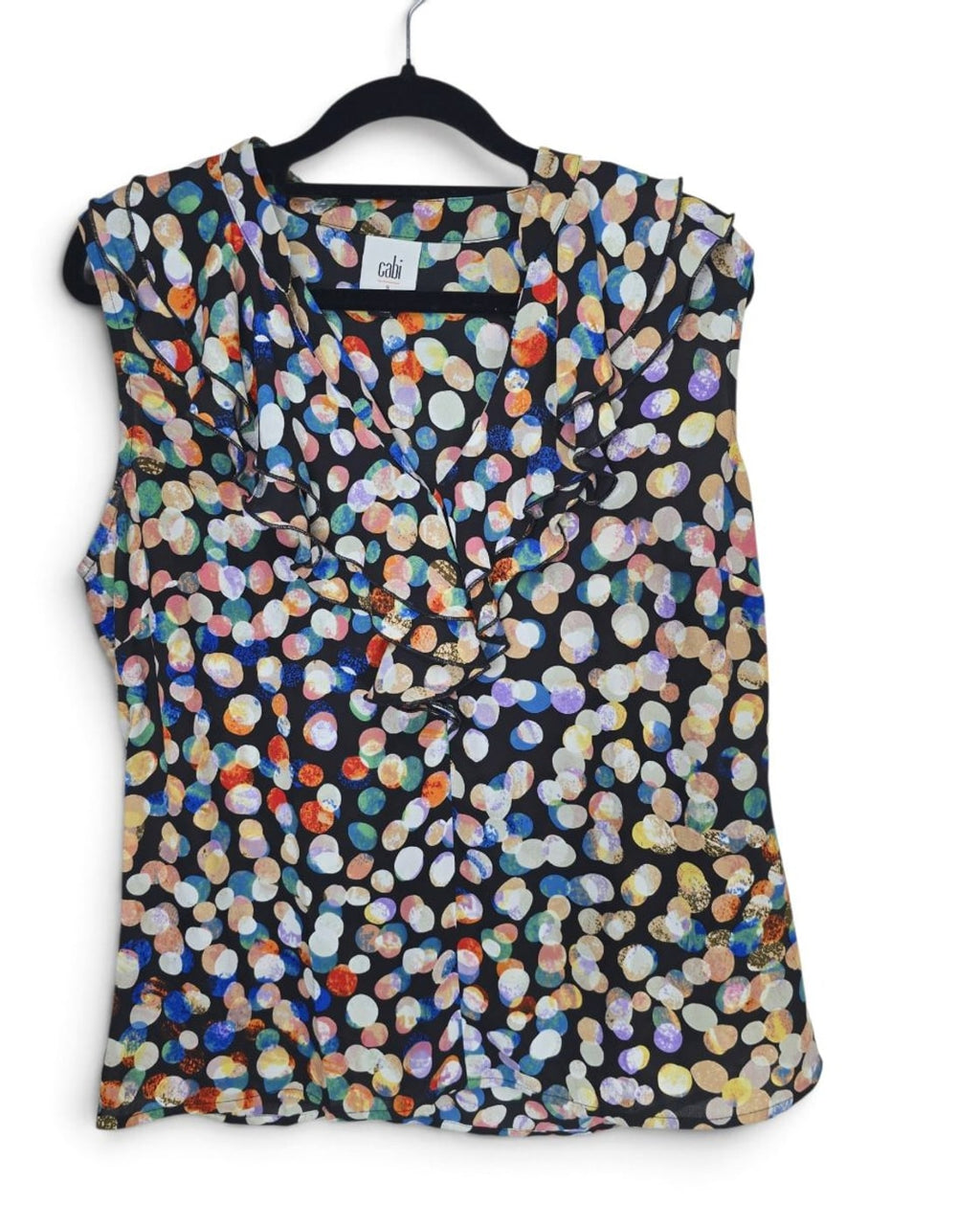 Cabi Ruffle Neck Dot Print Sleeveless Blouse - Style# 4255
