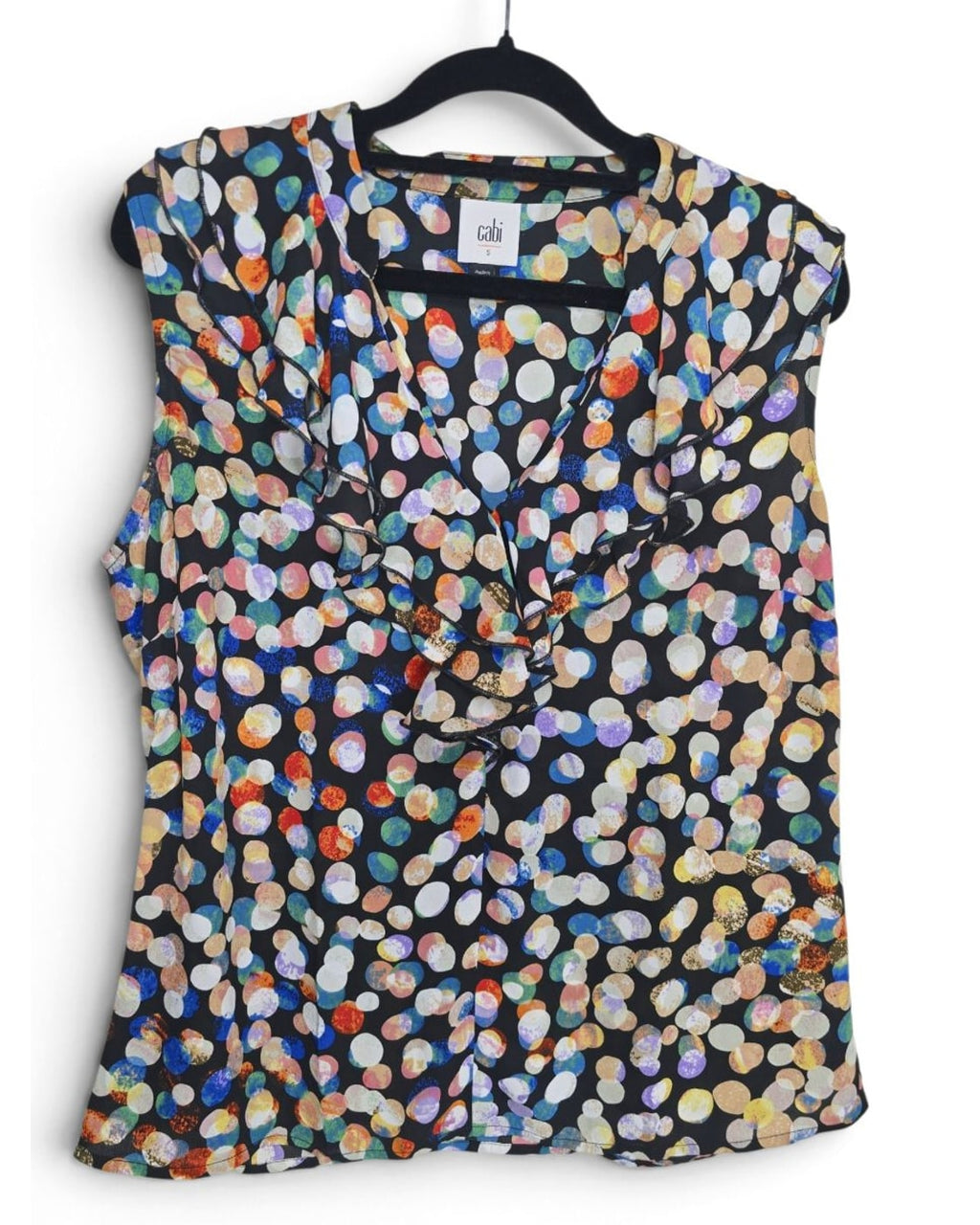 Cabi Ruffle Neck Dot Print Sleeveless Blouse - Style# 4255