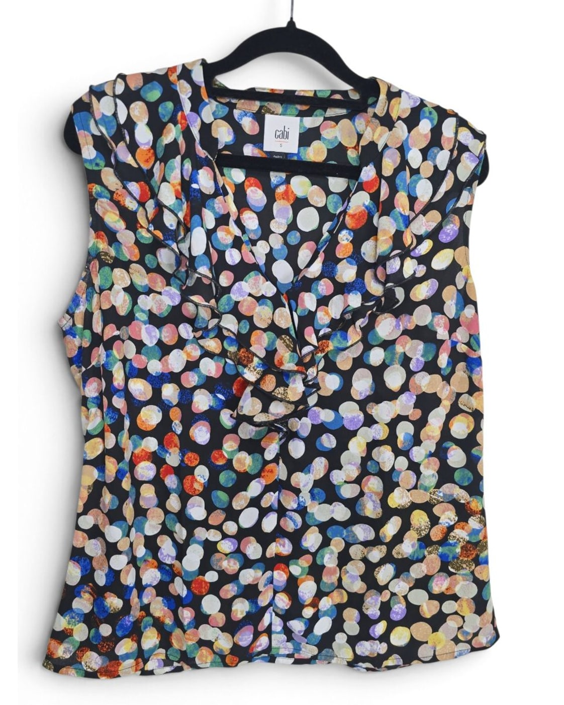 Cabi Ruffle Neck Dot Print Sleeveless Blouse - Style# 4255