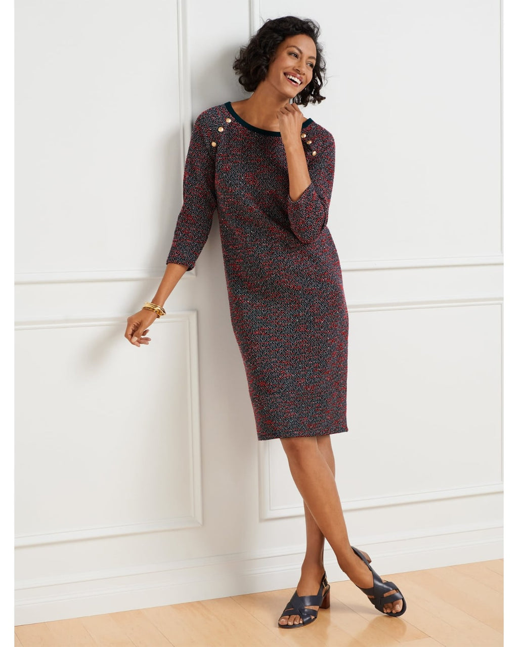 Talbots Tweed-Look Button Shoulder Shift Dress