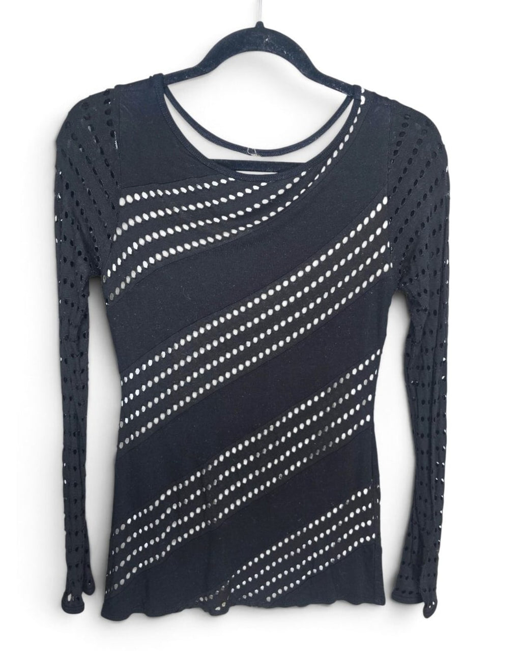 Perforated Diagonal Stripe Long Sleeve Knit Top - Style# 07-A998