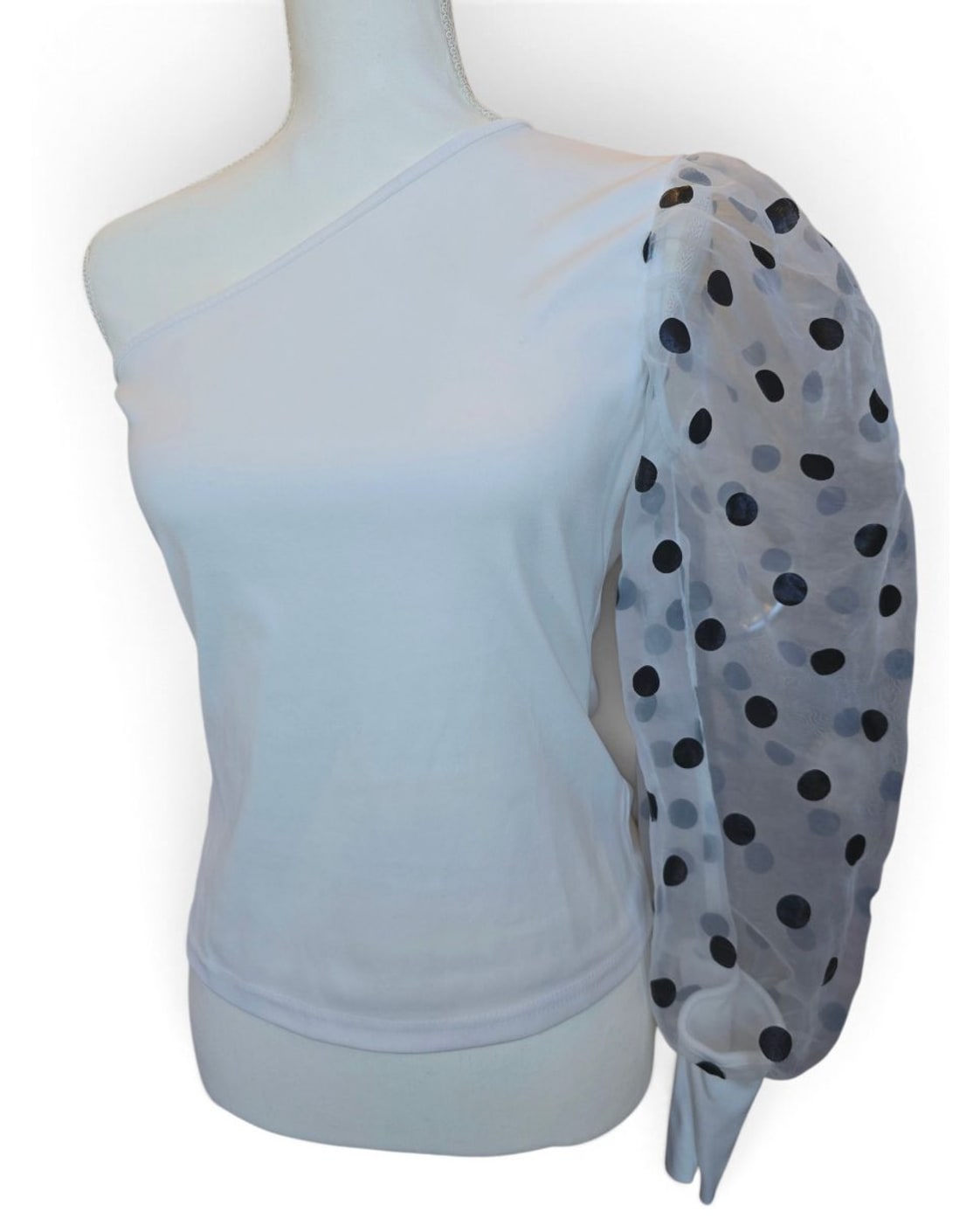 One-Shoulder Polka Dot Puff Sleeve Top