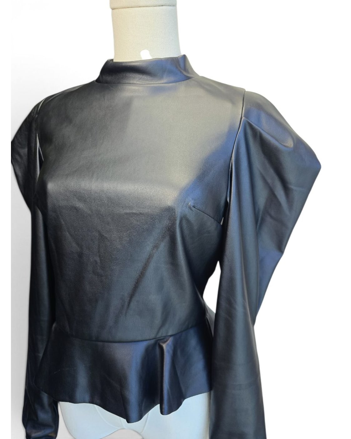 Faux Leather Puff Sleeve Peplum Blouse