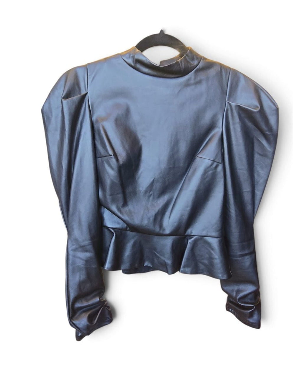 Faux Leather Puff Sleeve Peplum Blouse