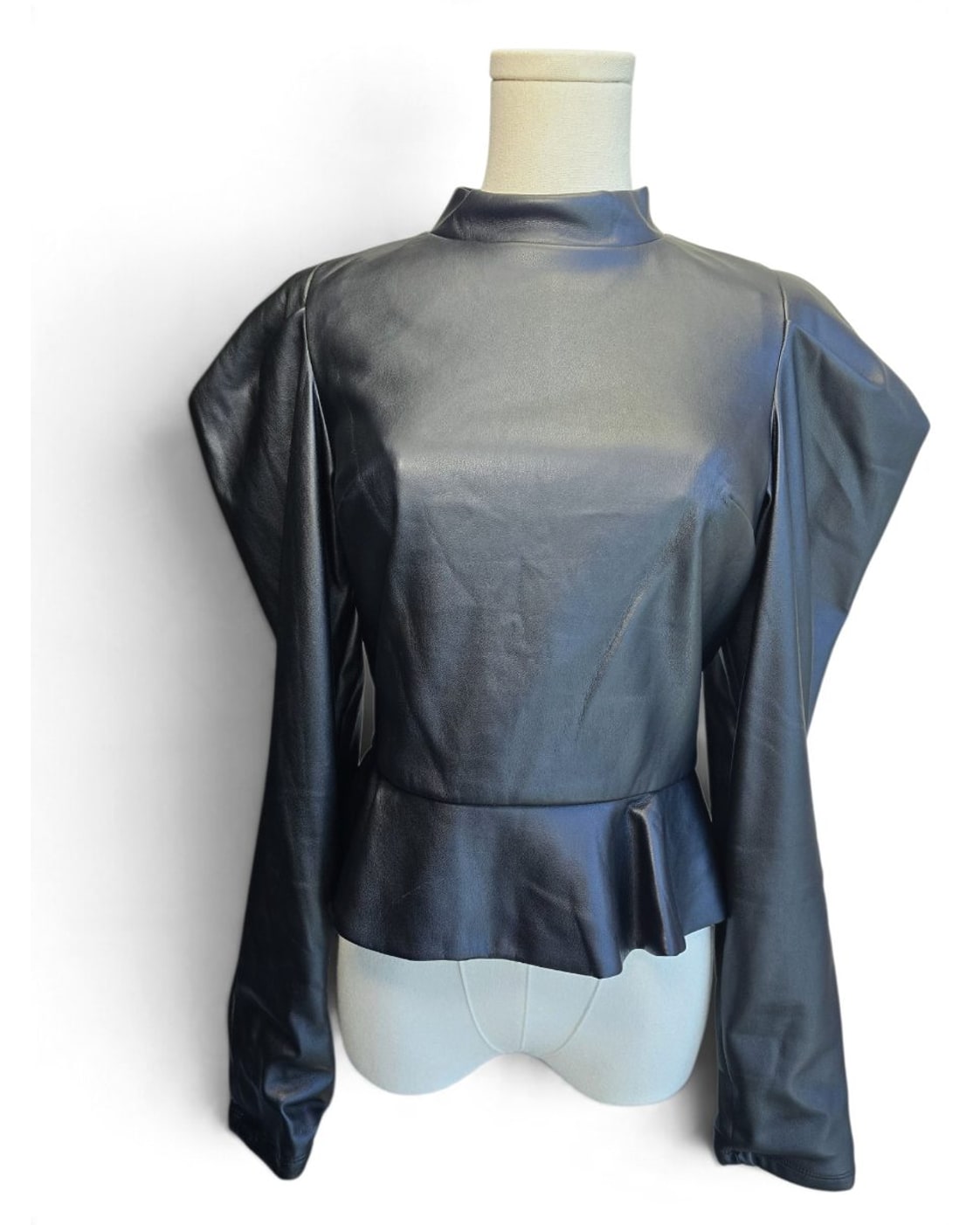 Faux Leather Puff Sleeve Peplum Blouse
