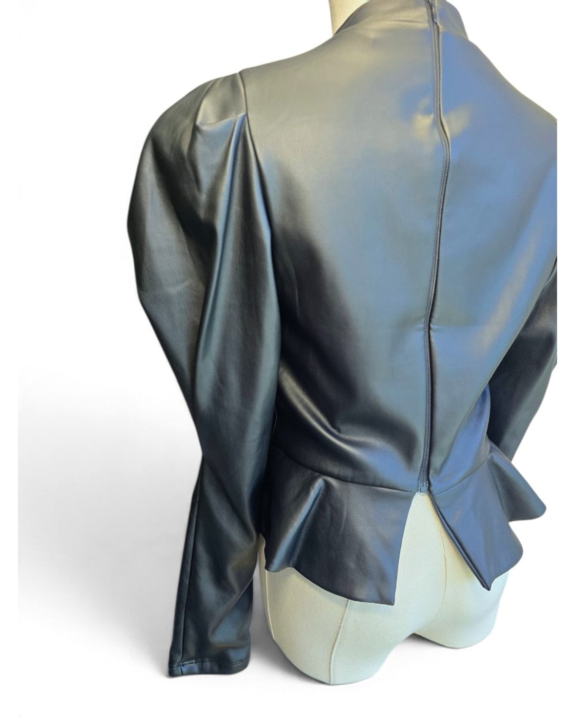 Faux Leather Puff Sleeve Peplum Blouse
