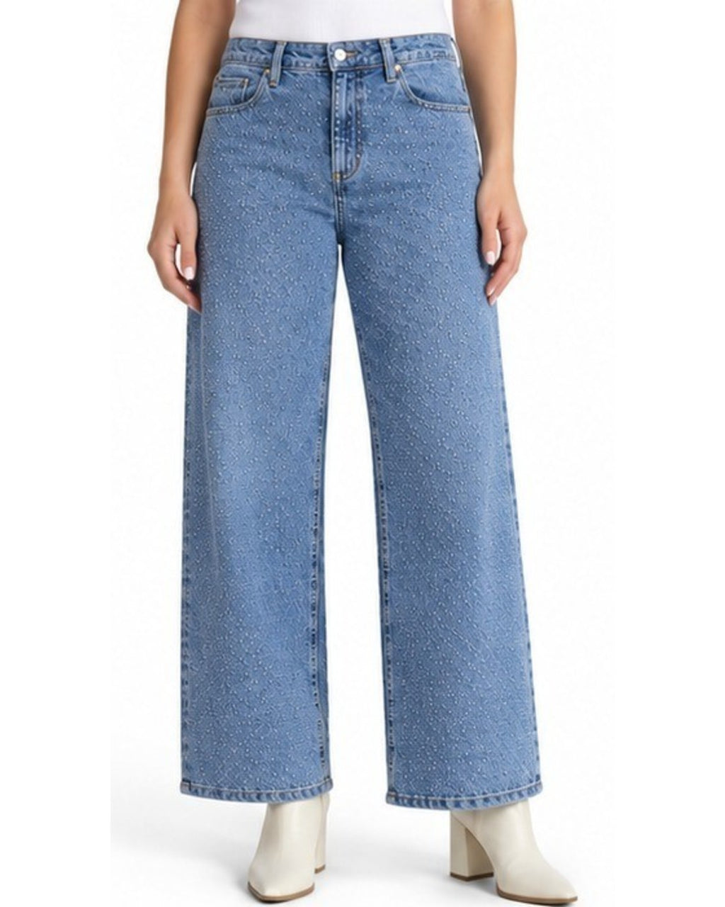 Time and Tru Women's High Rise Rhinestone Embroidered Wide Leg Jeans