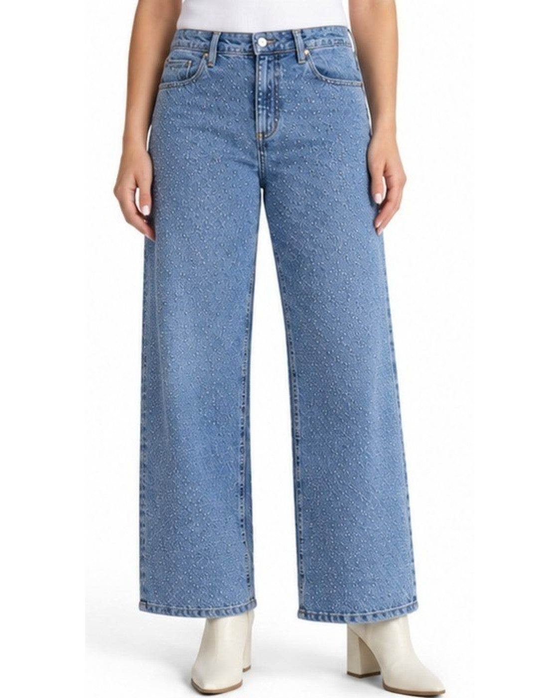 Time and Tru Women's High Rise Rhinestone Embroidered Wide Leg Jeans