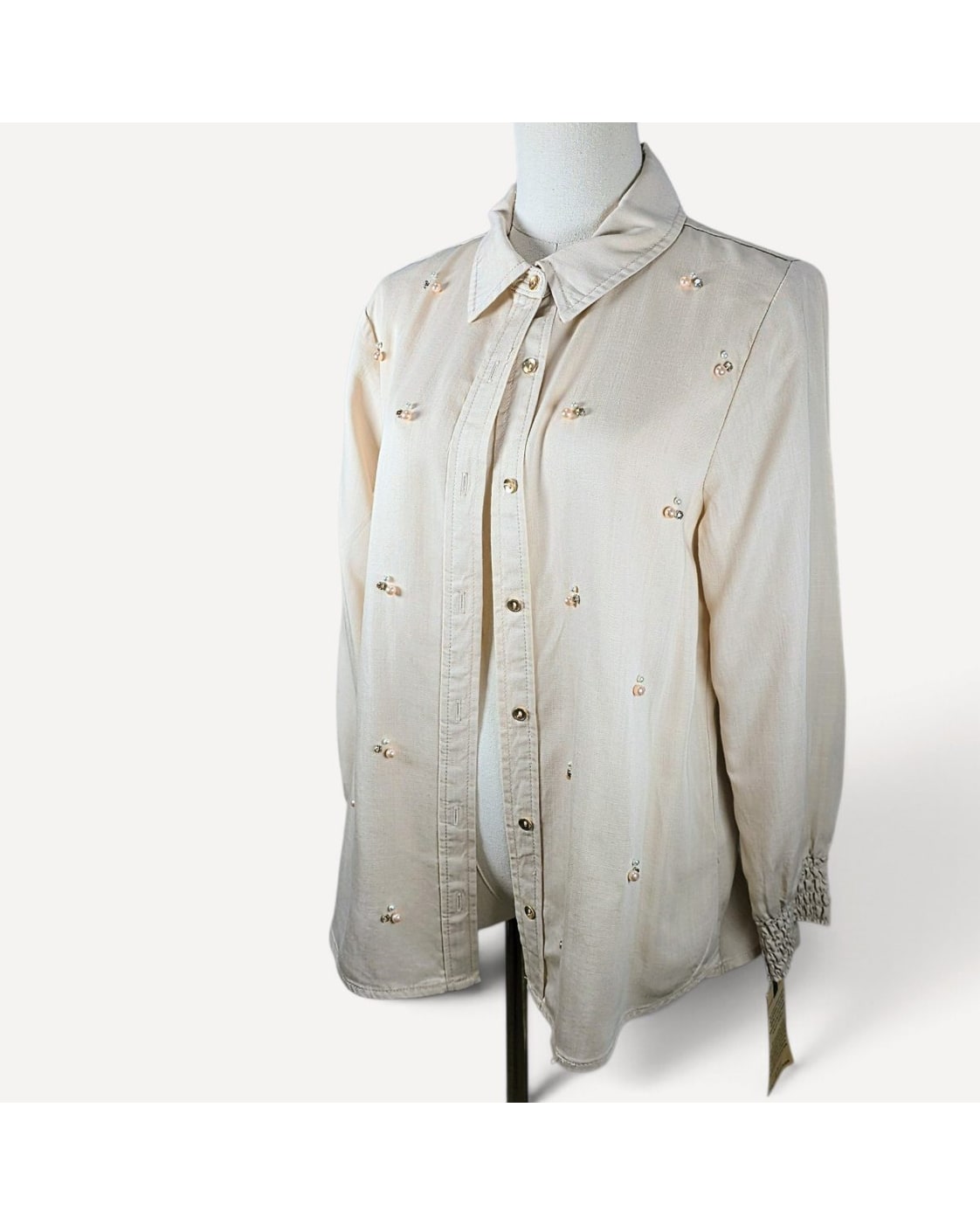 Beige Democracy Embellished Pearl Button Down - #BN7640A5HY, size S