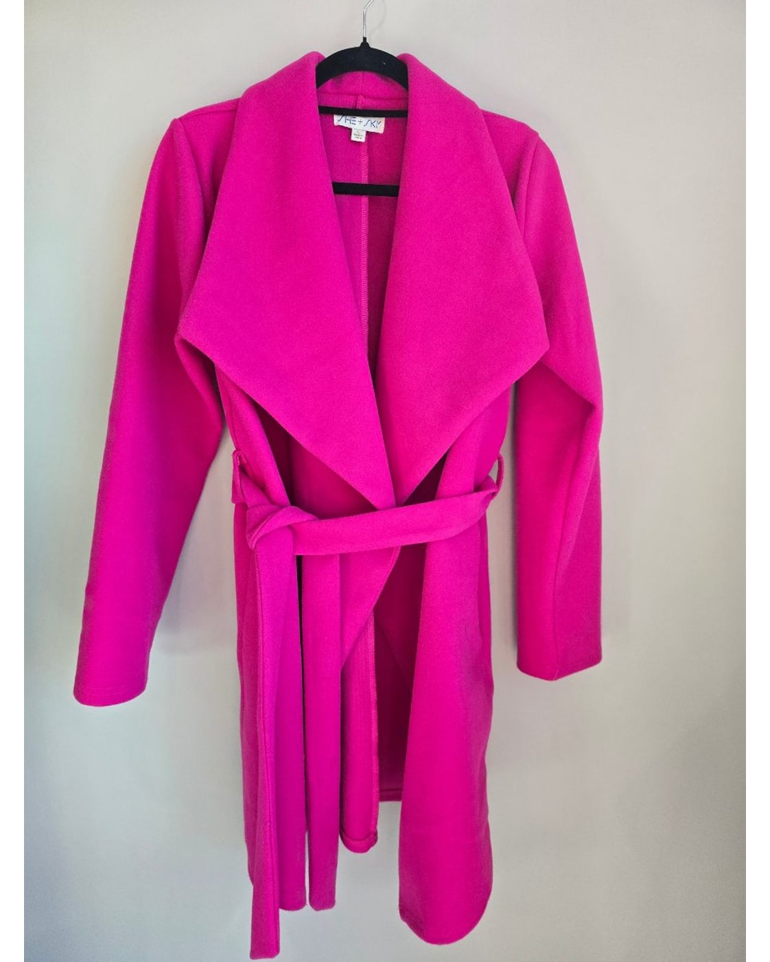 Pink She + Sky Waterfall Collar Belted Coat, size L – photo 3
