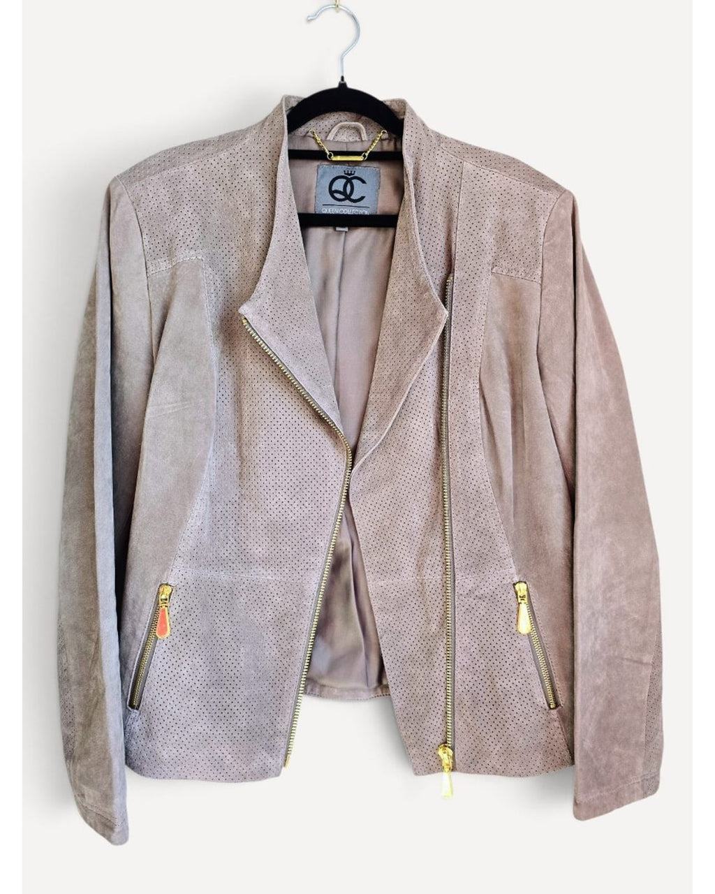 Beige Queen Collection Perforated Suede Moto Jacket, size M