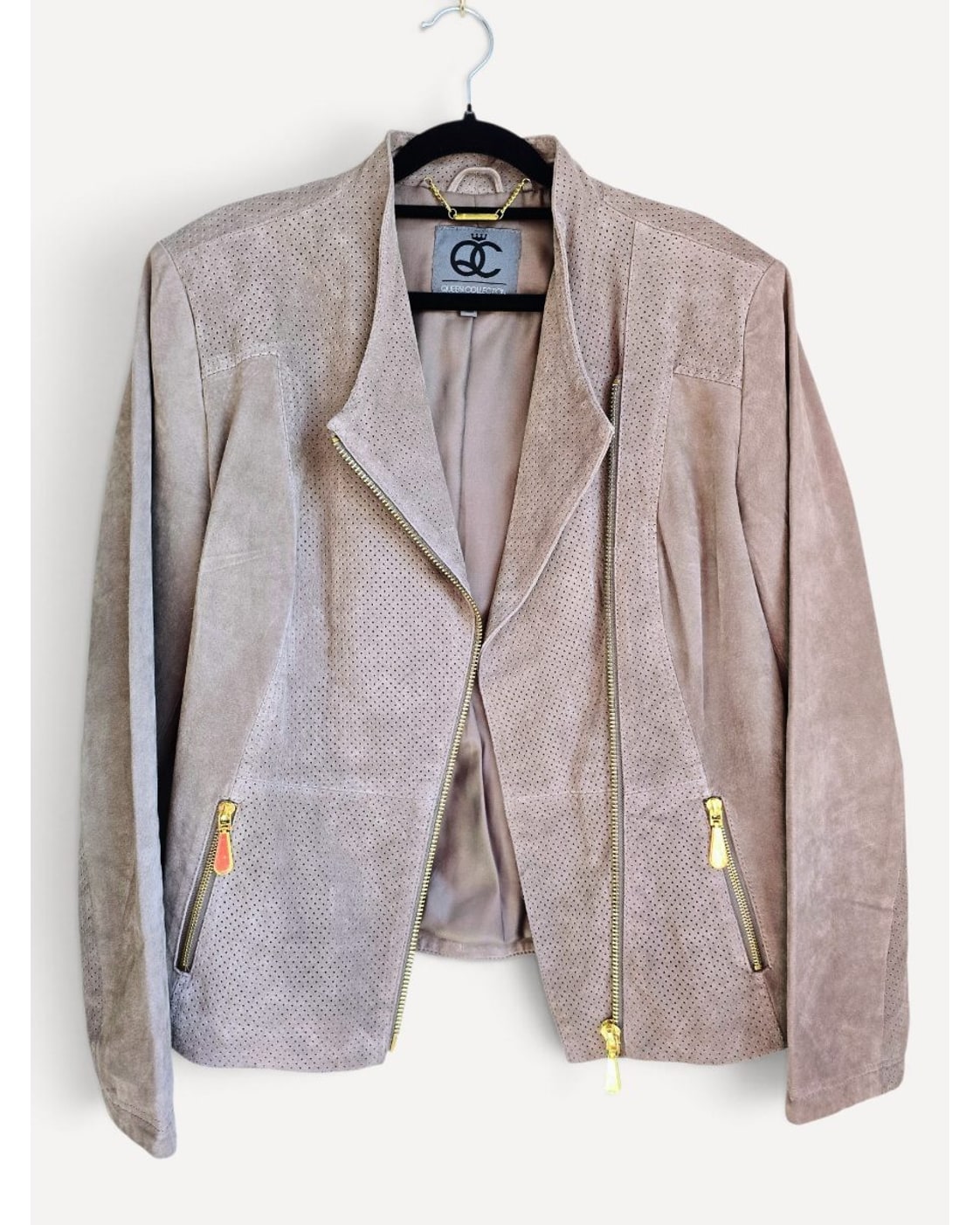 Beige Queen Collection Perforated Suede Moto Jacket, size M