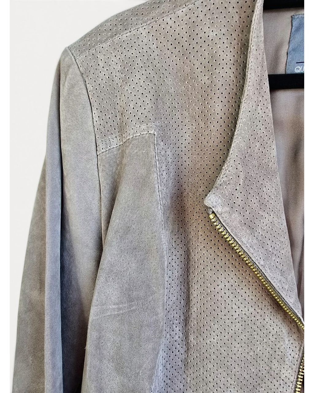Beige Queen Collection Perforated Suede Moto Jacket, size M – photo 3