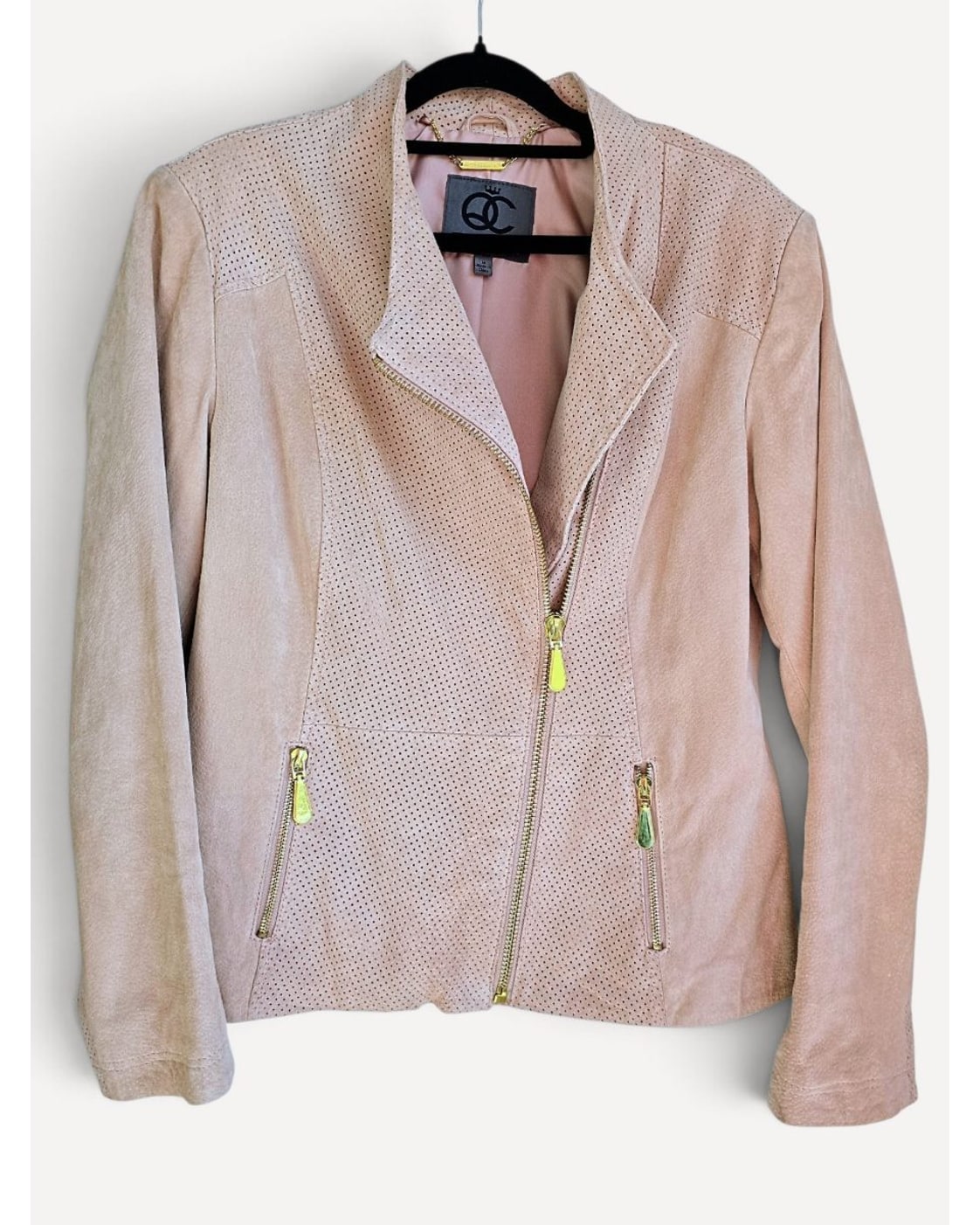 Pink Queen Collection Perforated Leather Moto Jacket, size M