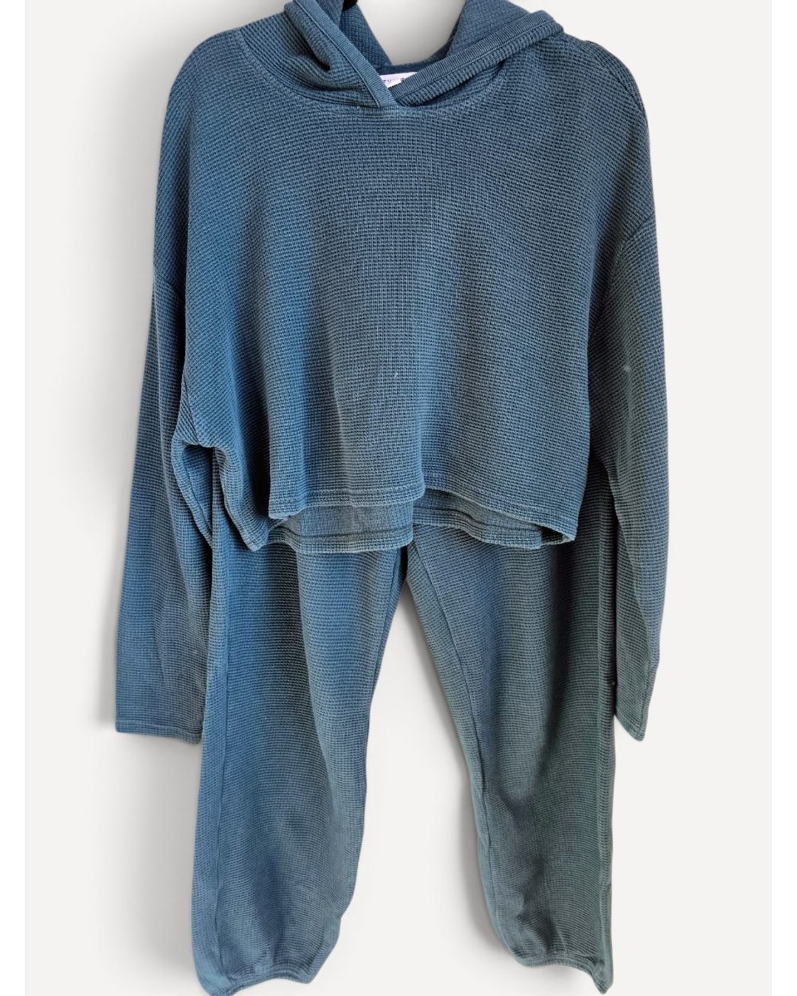 Blue Athleta Waffle Knit Cropped Hoodie Jogger Set, size L