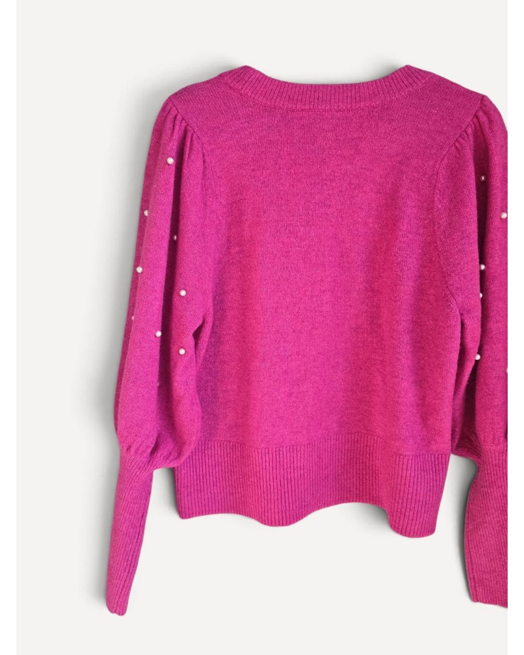 Pink Cece Pearl Embellished Puff Sleeve Sweater, size M