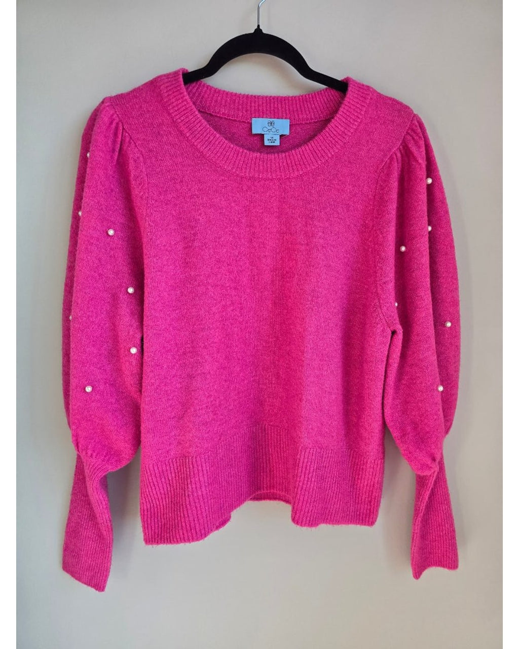 Pink Cece Pearl Embellished Puff Sleeve Sweater, size M – photo 2