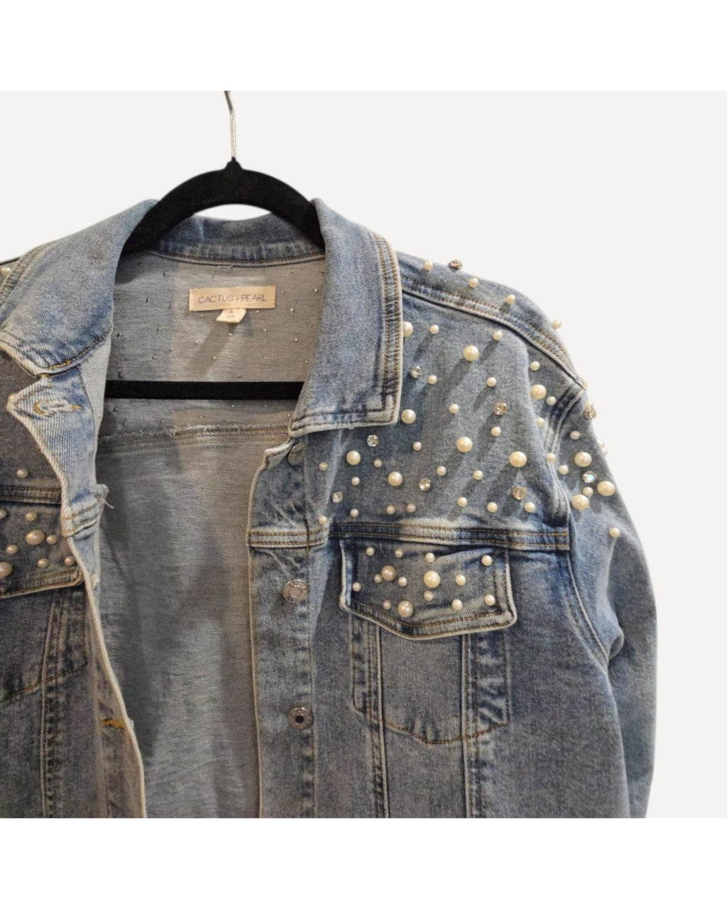 Blue Cactus + Pearl Embellished Denim Jacket, size L