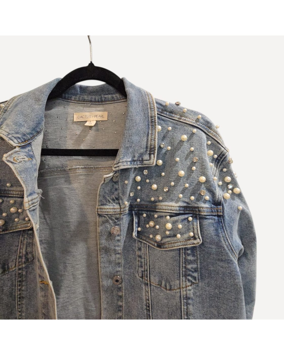 Blue Cactus + Pearl Embellished Denim Jacket, size L