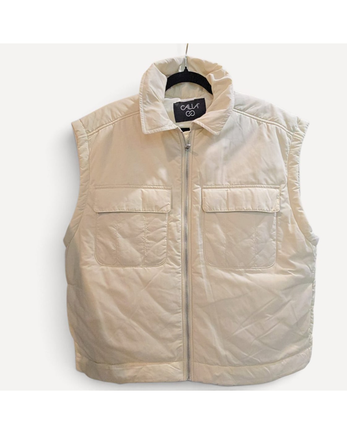 Beige Calia Collared Zip-Front Puffer Vest, size L