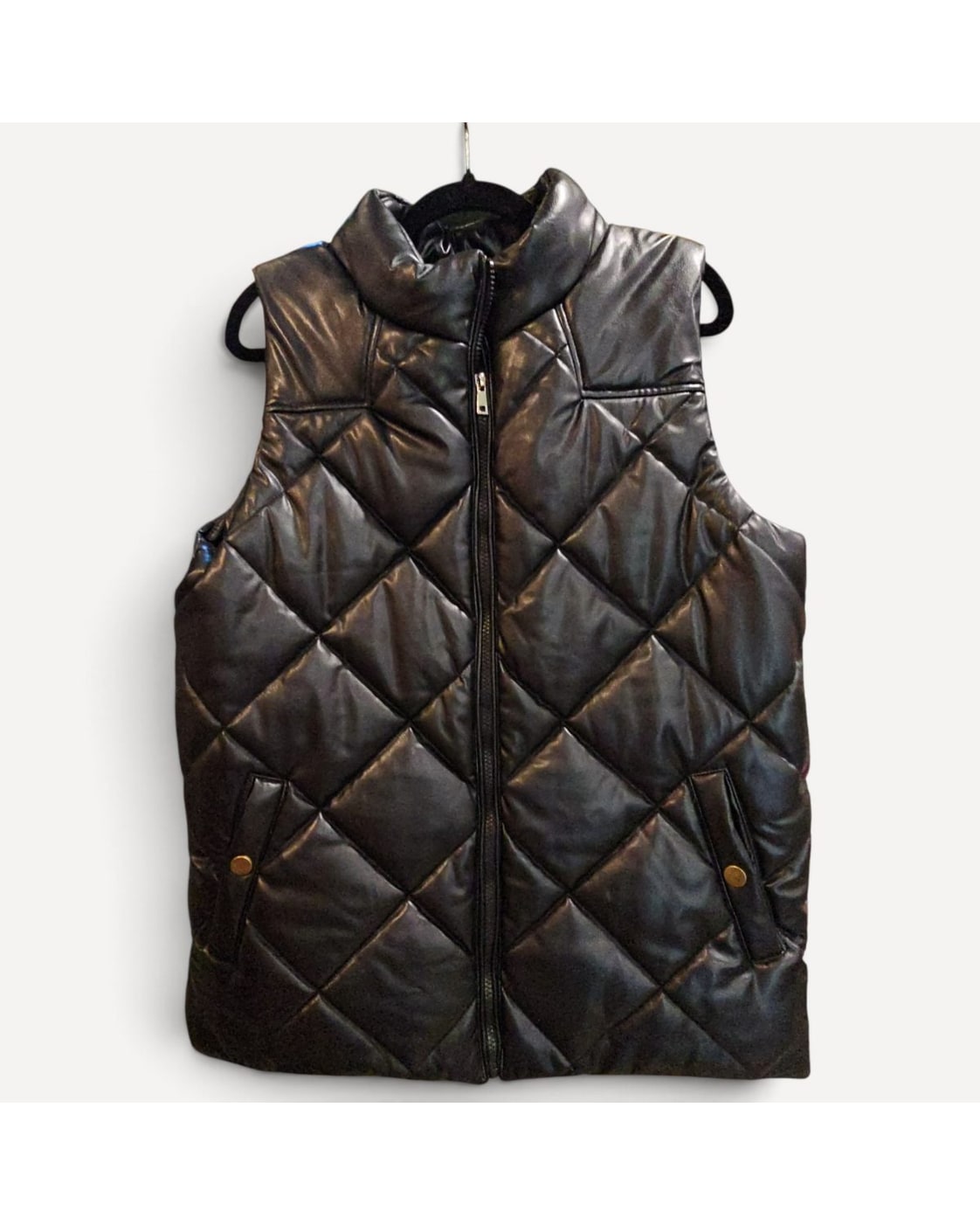 Black Zenana Quilted Faux-Leather Puffer Vest, size XL