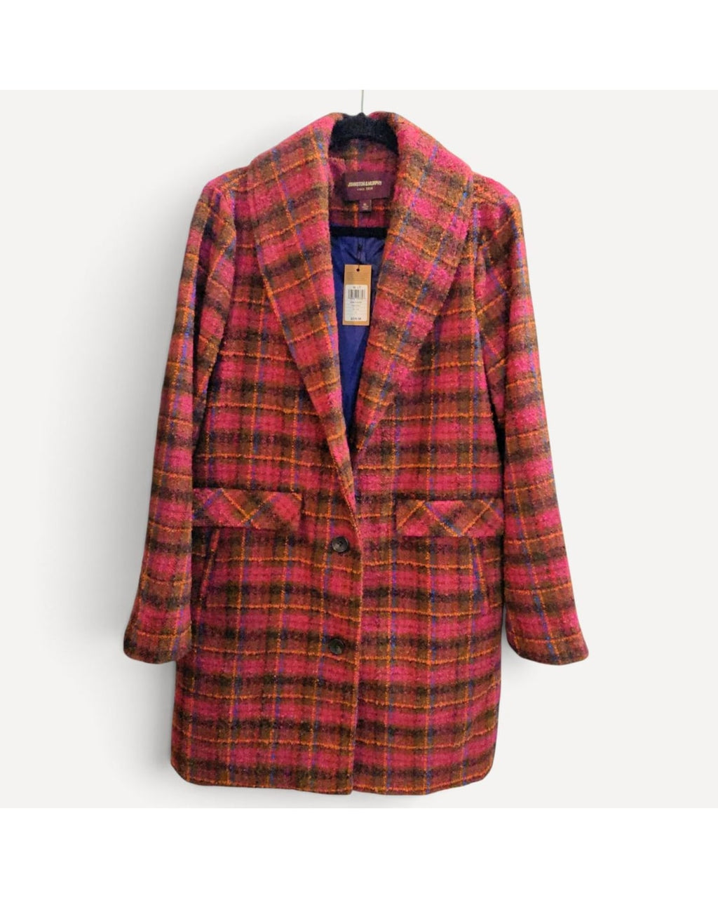 Pink Johnston & Murphy Shawl Collar Plaid Coat - #45-1866, size XL