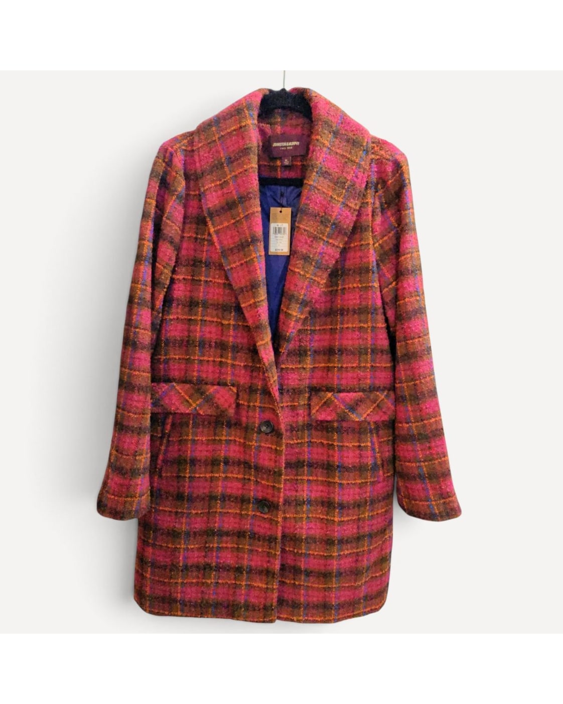 Pink Johnston & Murphy Shawl Collar Plaid Coat - #45-1866, size XL