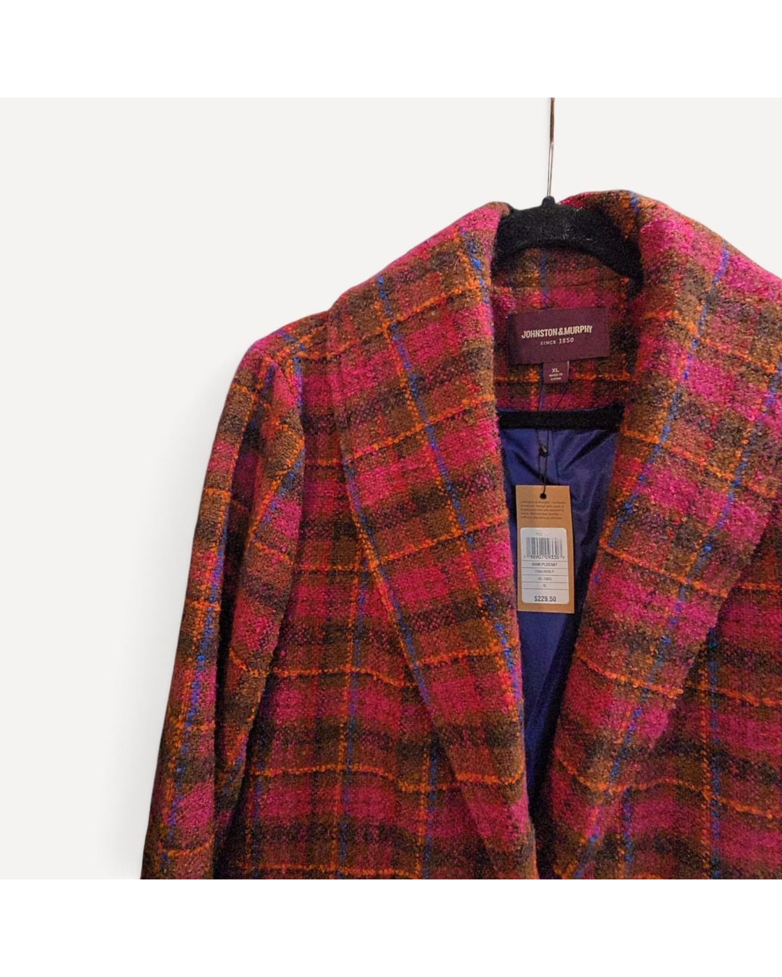Pink Johnston & Murphy Shawl Collar Plaid Coat - #45-1866, size XL – photo 3