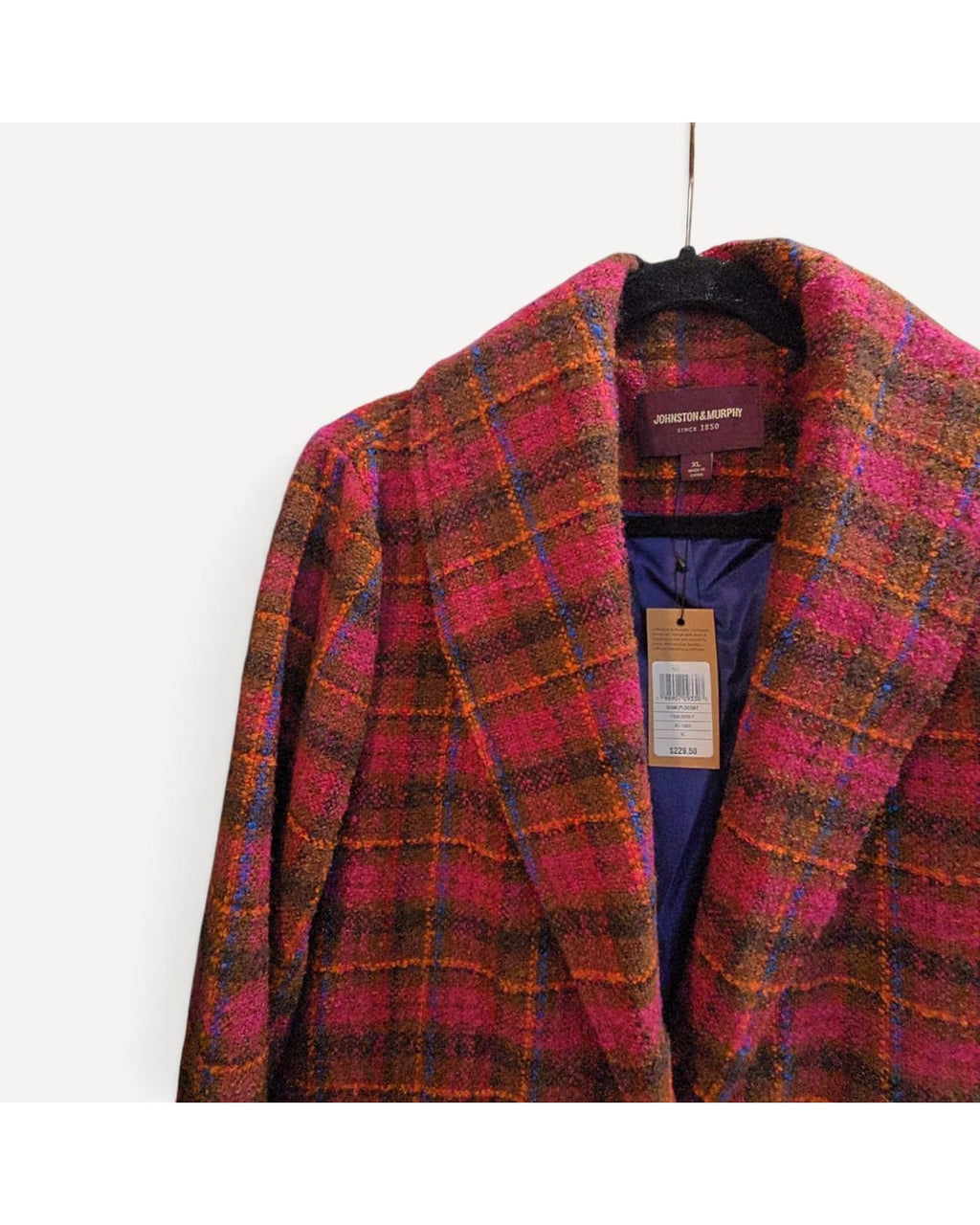 Pink Johnston & Murphy Shawl Collar Plaid Coat - #45-1866, size XL – photo 3