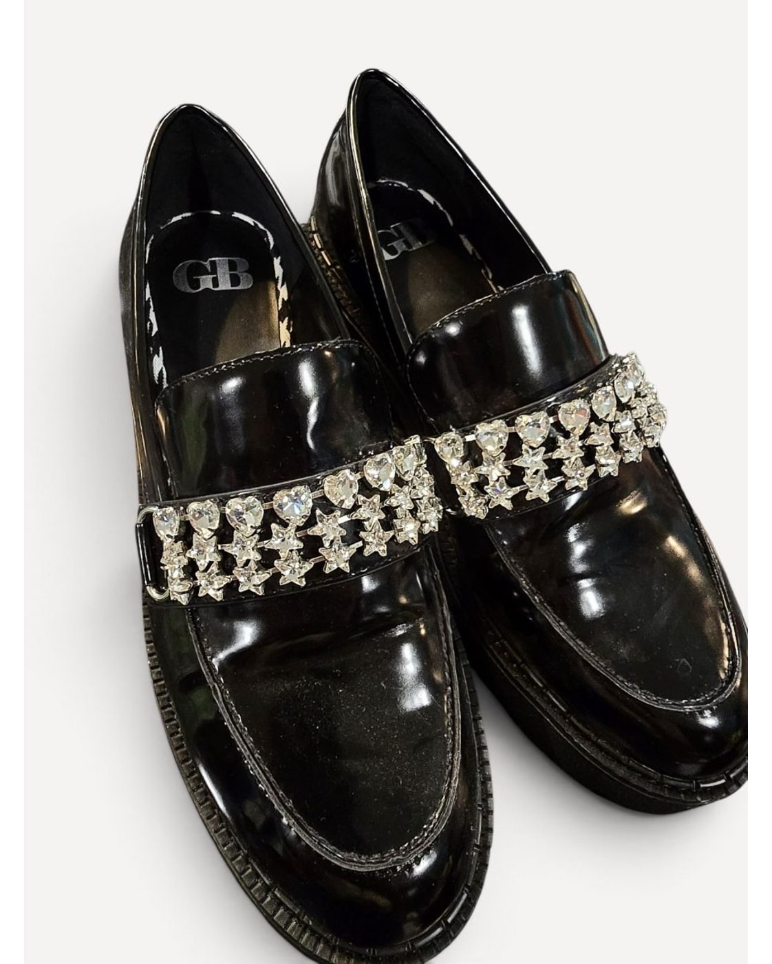 Black GB Crystal Embellished Patent Loafers, size W6