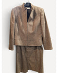 Brown Tahari Herringbone Tweed Two-Piece Skirt Suit, size 12P