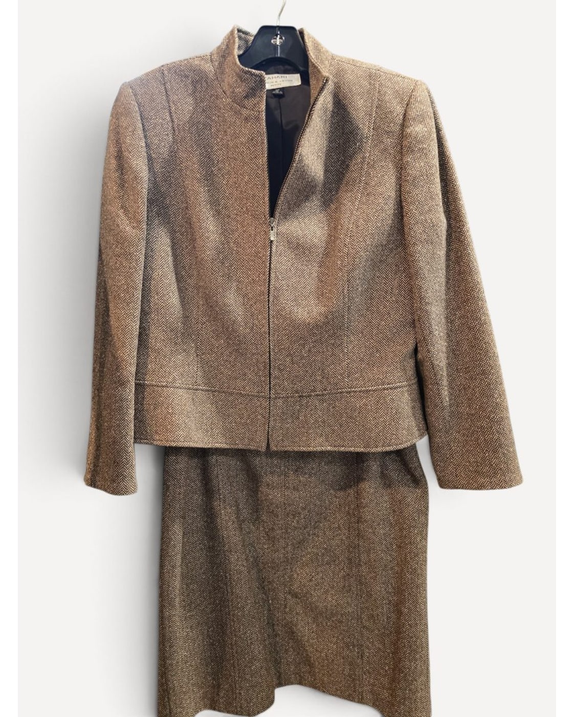 Brown Tahari Herringbone Tweed Two-Piece Skirt Suit, size 12P