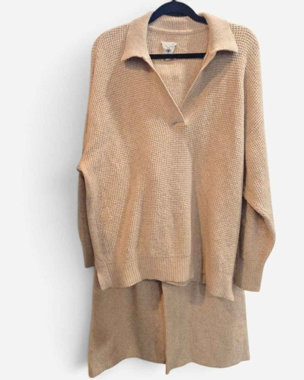 Beige Aerie Waffle Knit Collared Two-Piece Lounge Set, size M