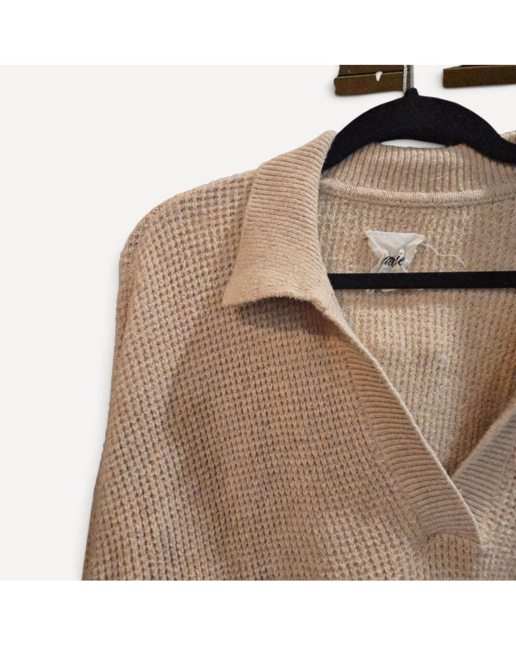 Beige Aerie Waffle Knit Collared Two-Piece Lounge Set, size M – photo 3