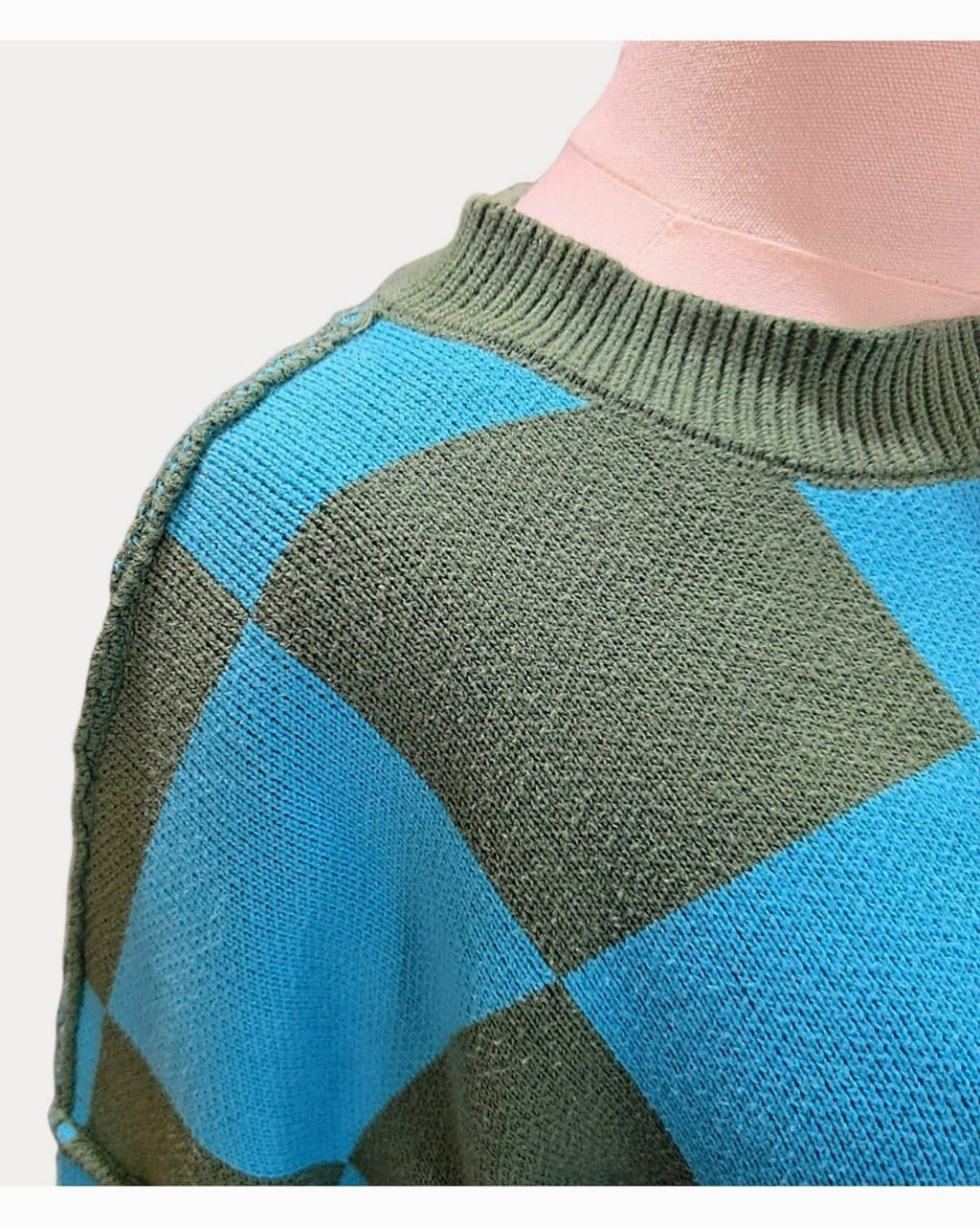 Blue Unbranded Checkerboard Colorblock Oversized Sweater, size M