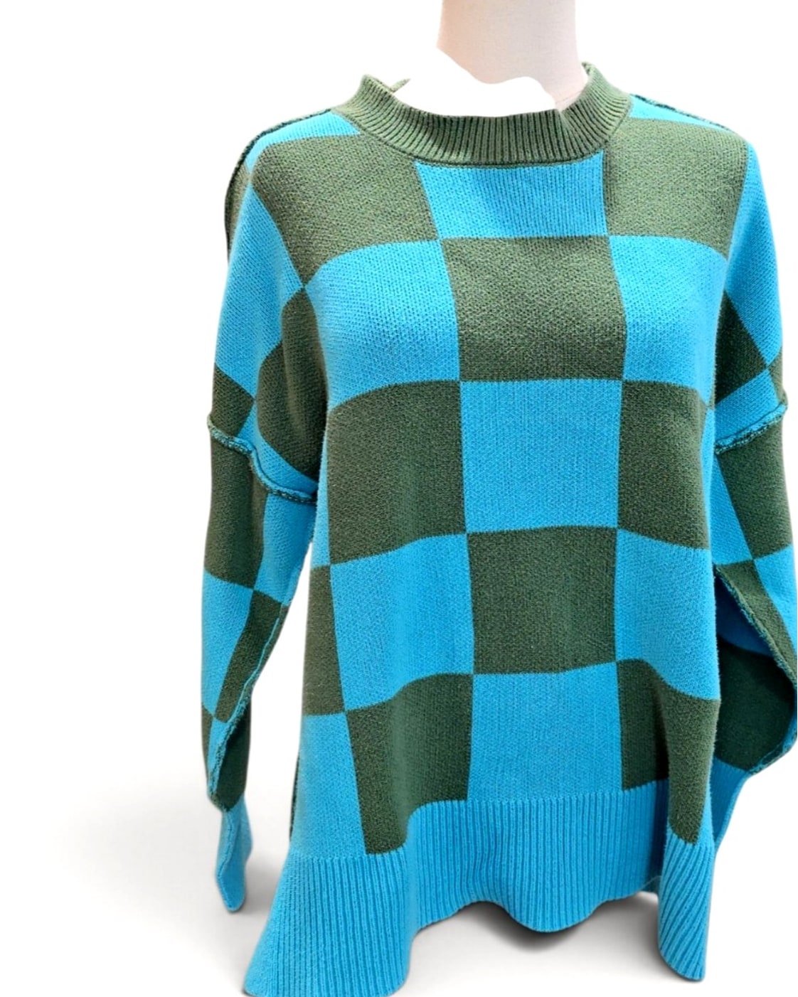 Blue Unbranded Checkerboard Colorblock Oversized Sweater, size M – photo 2