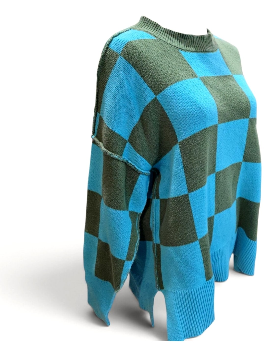 Blue Unbranded Checkerboard Colorblock Oversized Sweater, size M – photo 3