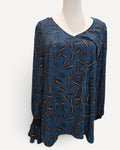 Navy Cabi Leaf Print Ruffle Cuff Blouse - #3763, size M