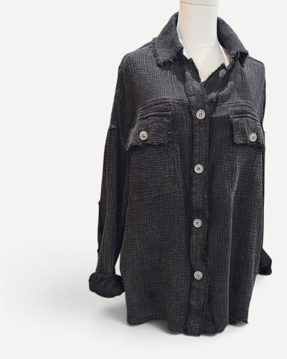 Grey The Nines Distressed Crosshatch Button Down, size S