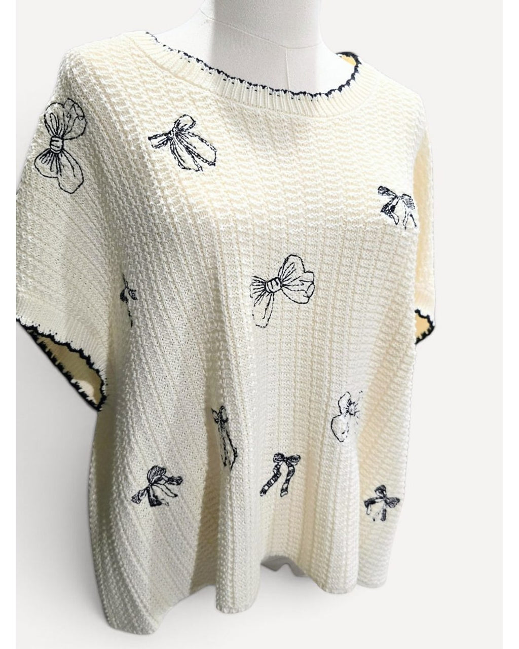 Beige SO ME Embroidered Bow Waffle-Knit Sweater - #ST2754R-01, size XL – photo 2
