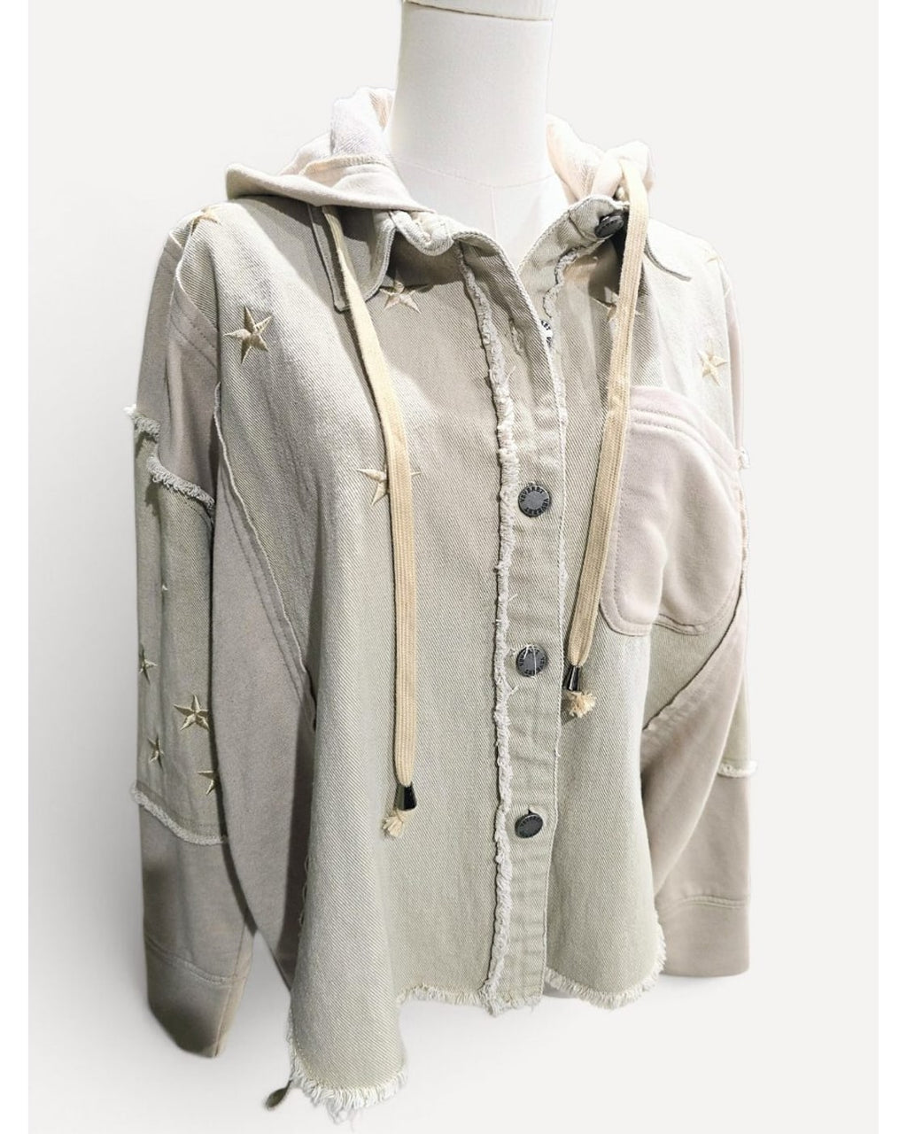 Beige Veveret Star Embroidered Frayed Hooded Jacket, size M