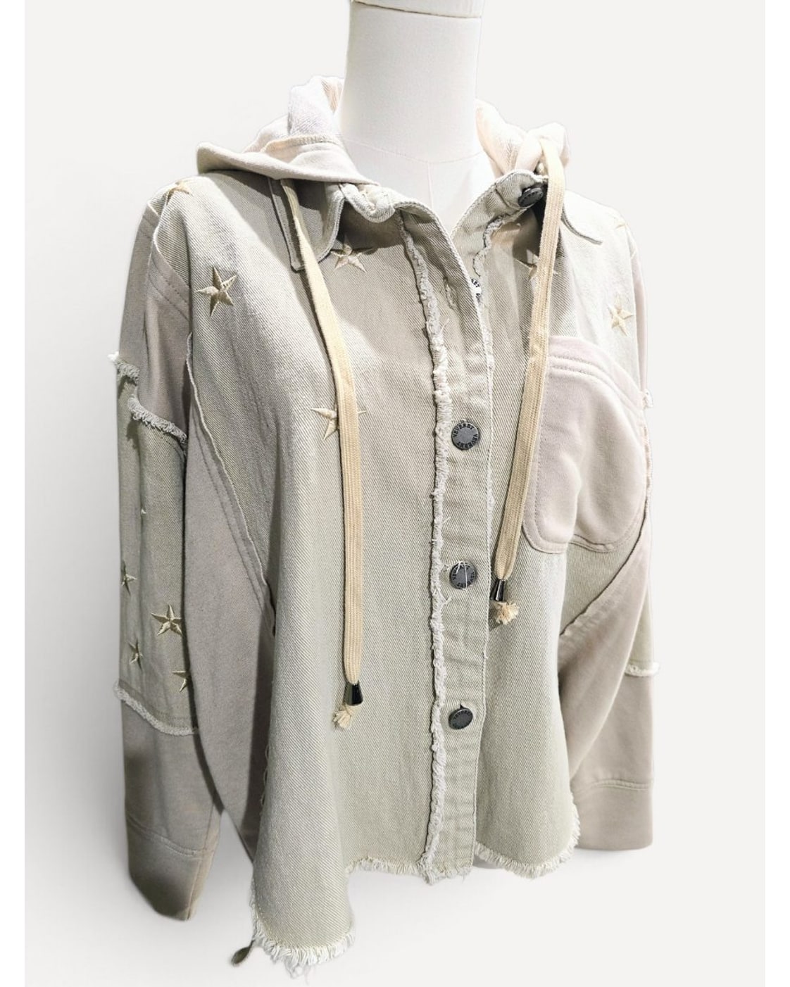 Beige Veveret Star Embroidered Frayed Hooded Jacket, size M