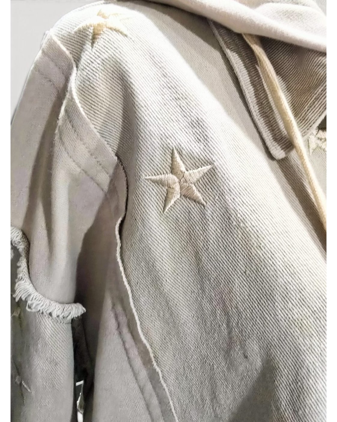 Beige Veveret Star Embroidered Frayed Hooded Jacket, size M – photo 2