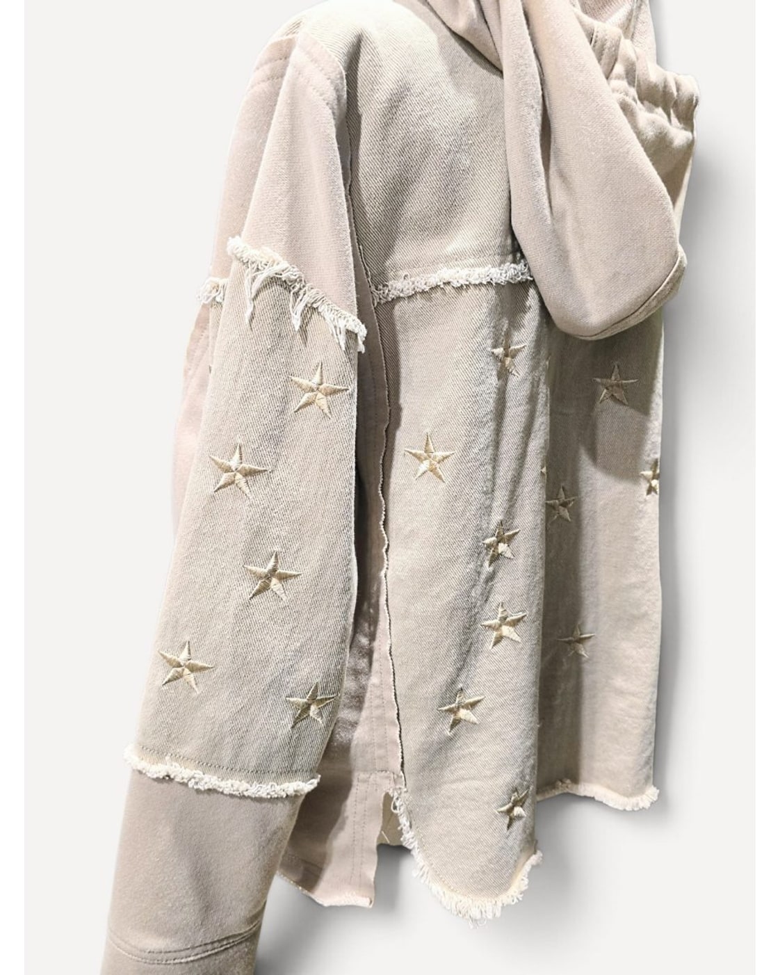 Beige Veveret Star Embroidered Frayed Hooded Jacket, size M – photo 3